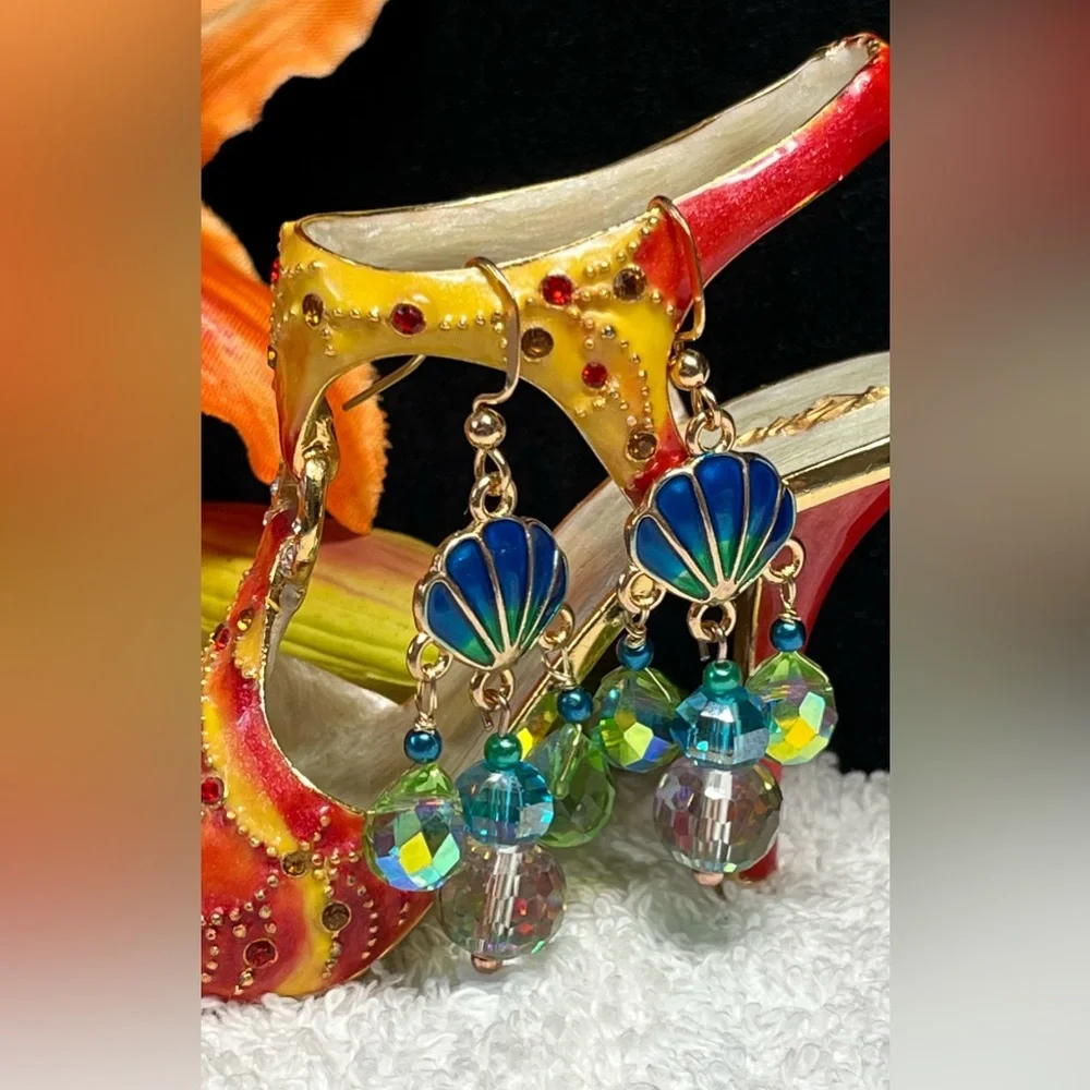 Gold, Green and Blue Shell Dangle Earrings - Picture 10 of 12